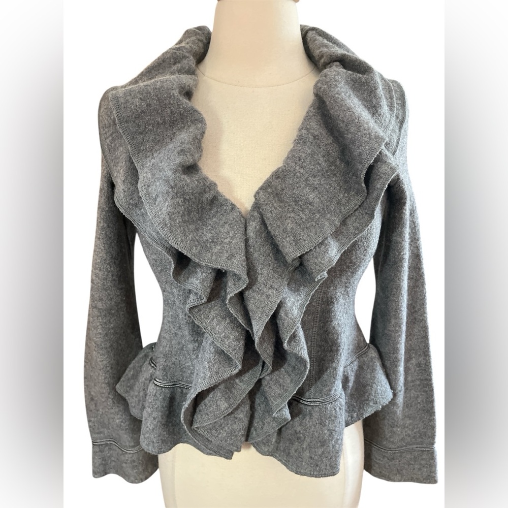 Saks Fifth Avenue Gray Wool Ruffle Cardigan Jacket w/ribbon trim detail Size S